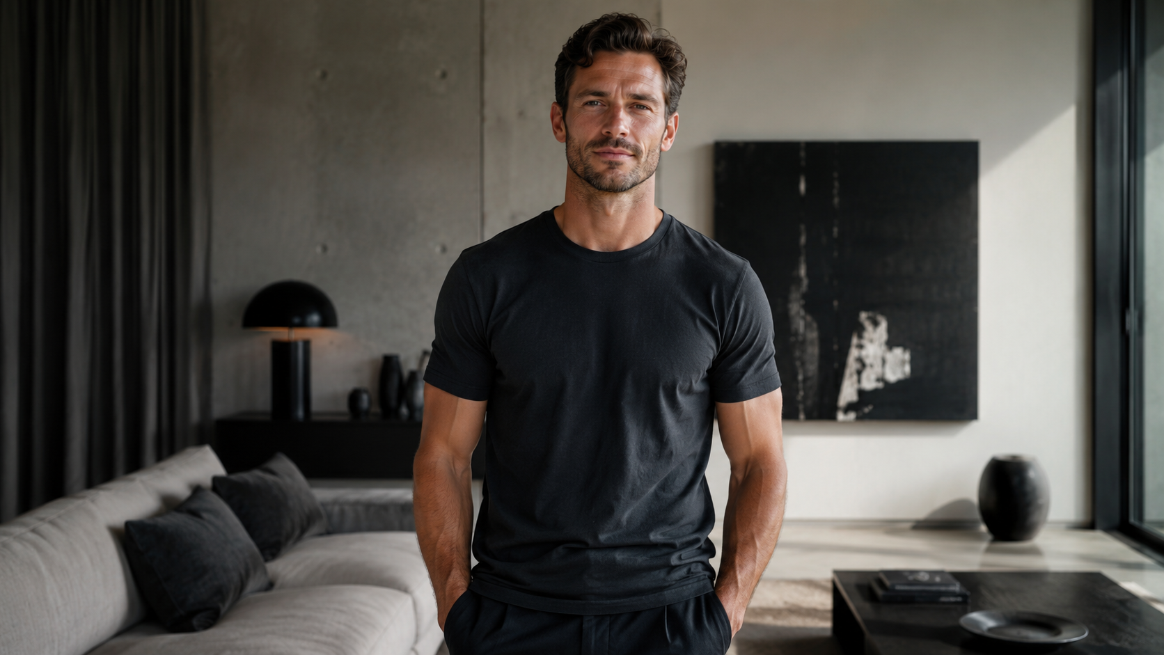 A calm, confident man standing in a modern minimalist room, soft natural lighting, strong posture, relaxed face. A calm, confident man standing in a modern minimalist room, soft natural lighting, strong posture, relaxed face.