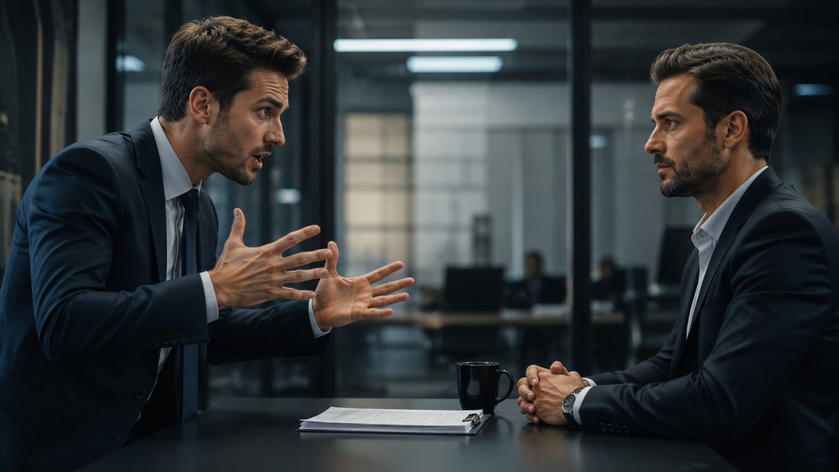 Two people in conversation, one moving nervously and fast, the other calm and still, contrast in body language, office setting. Two people in conversation, one moving nervously and fast, the other calm and still, contrast in body language, office setting.