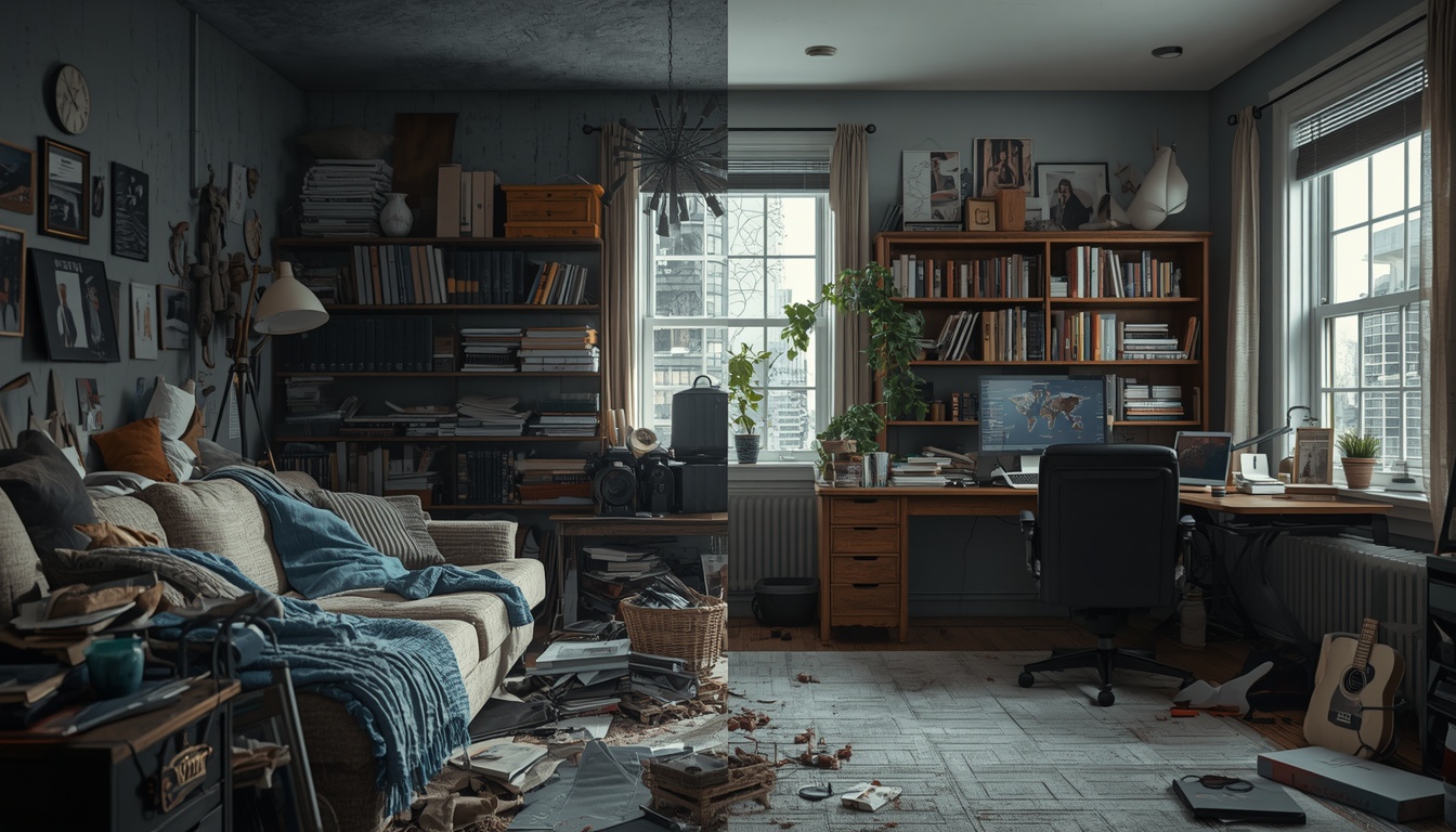 A cluttered messy room vs a clean organized workspace split scene, symbolic of mental clarity vs chaos A cluttered messy room vs a clean organized workspace split scene, symbolic of mental clarity vs chaos