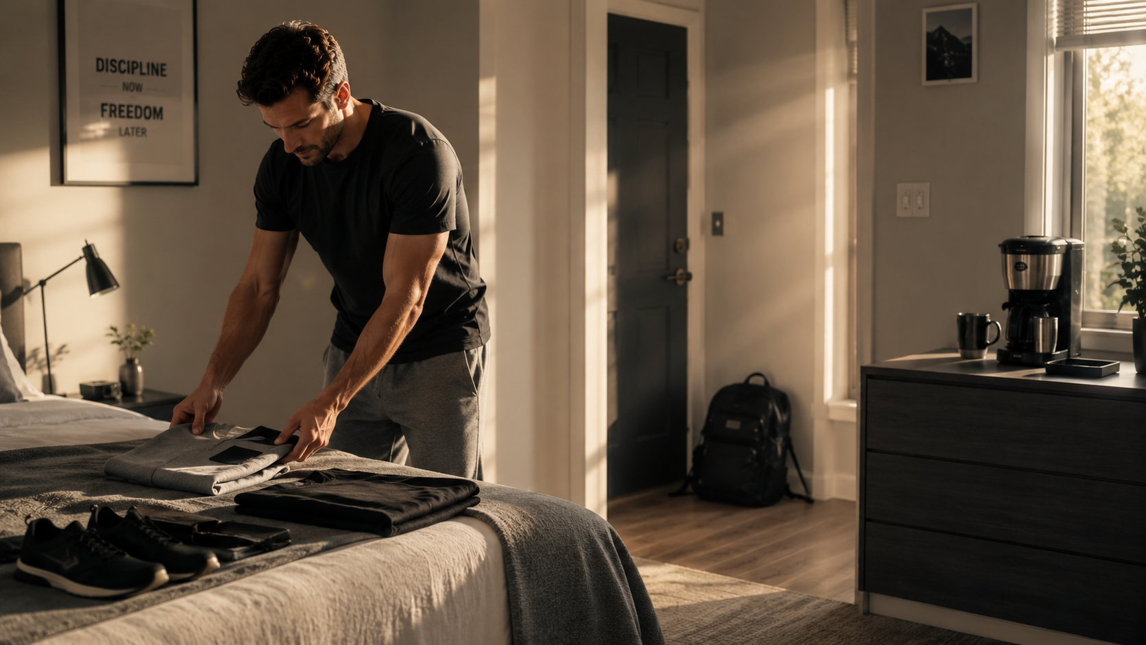 Photorealistic image of someone preparing their environment the night before for their future self: neatly laid out clothes, coffee maker prepped, bag packed by the door, soft morning light streaming through window. Sense of care, discipline, and self-love. Clean, organized, peaceful atmosphere. Photorealistic image of someone preparing their environment the night before for their future self: neatly laid out clothes, coffee maker prepped, bag packed by the door, soft morning light streaming through window. Sense of care, discipline, and self-love. Clean, organized, peaceful atmosphere.