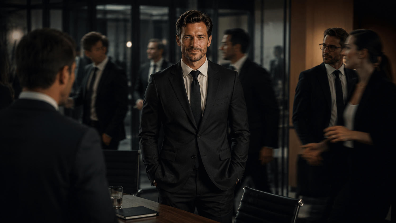 Photorealistic image of a professional in a meeting or social setting, moving with deliberate slowness while others move quickly around them. The calm person is centered, composed, making deliberate eye contact, body language showing complete comfort and authority. Others subtly turning toward them. Cinematic lighting, professional environment, visual representation of 'comfort as competitive advantage.' Photorealistic image of a professional in a meeting or social setting, moving with deliberate slowness while others move quickly around them. The calm person is centered, composed, making deliberate eye contact, body language showing complete comfort and authority. Others subtly turning toward them. Cinematic lighting, professional environment, visual representation of 'comfort as competitive advantage.'