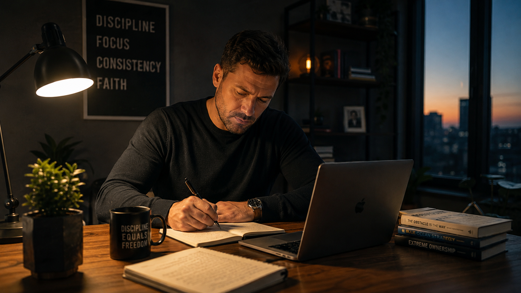 A morning scene of a focused male mindset coach at a desk before sunrise, warm lamp light, coffee cup, laptop, notebook, soft shadows, cinematic editorial look, clean modern workspace, subtle sense of purpose and discipline.