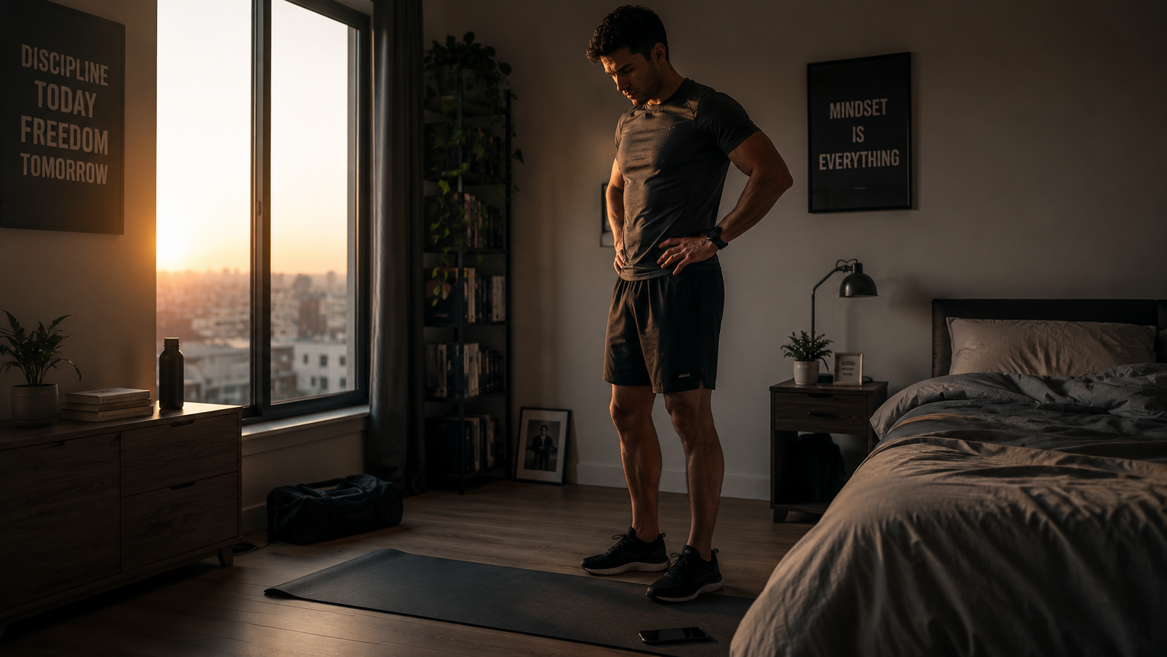 An image of an early morning self-development moment: a person standing beside a bed or workout mat, pausing before action, looking inward with determination, phone untouched nearby, soft sunrise light through window, mood of internal decision-making.