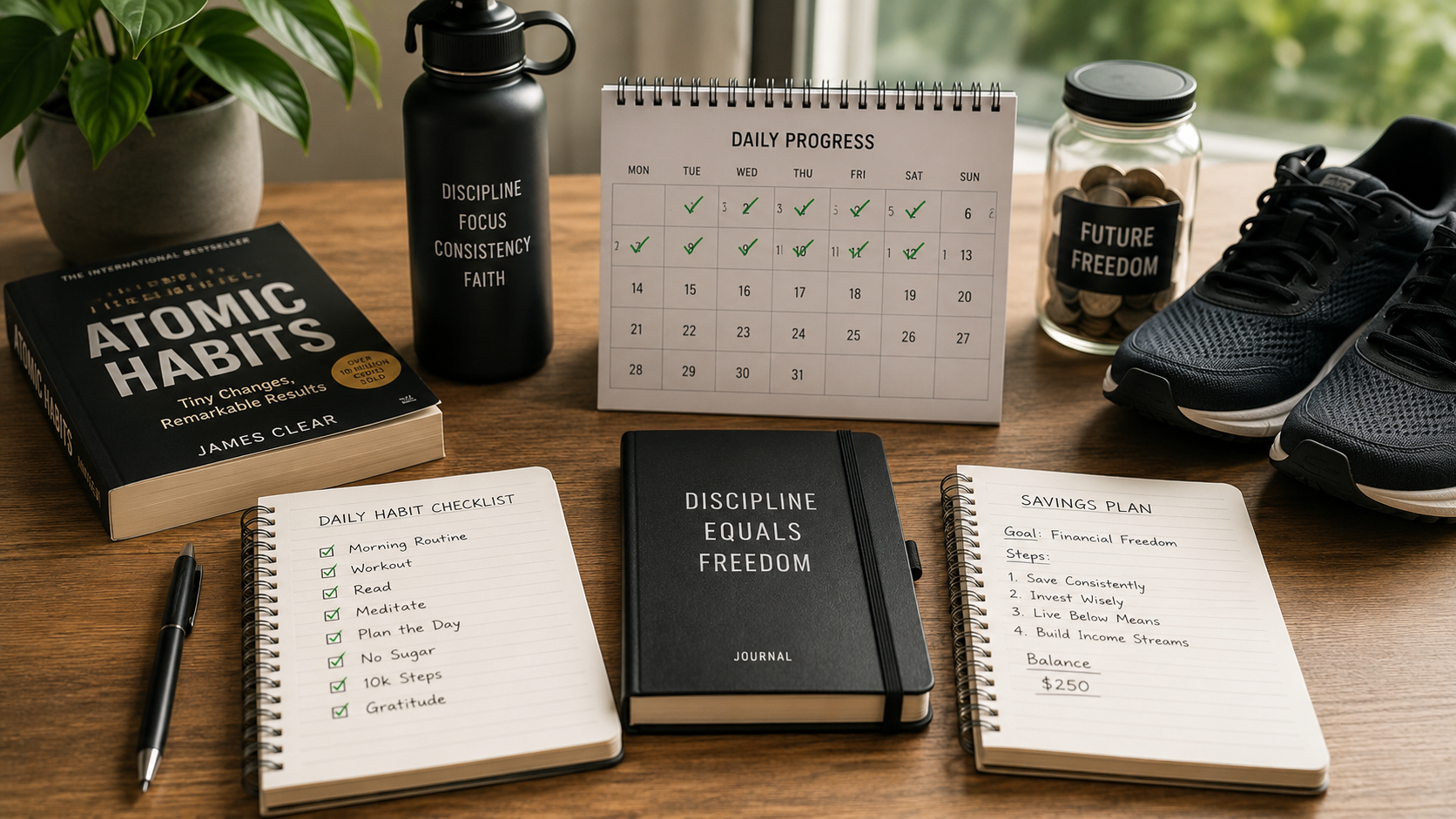 A simple daily habit system on a desk: checklist, calendar with marked days, book, water bottle, running shoes, savings notebook, and journal organized neatly, bright natural light, clean minimal composition, visual metaphor for small consistent habits building momentum.