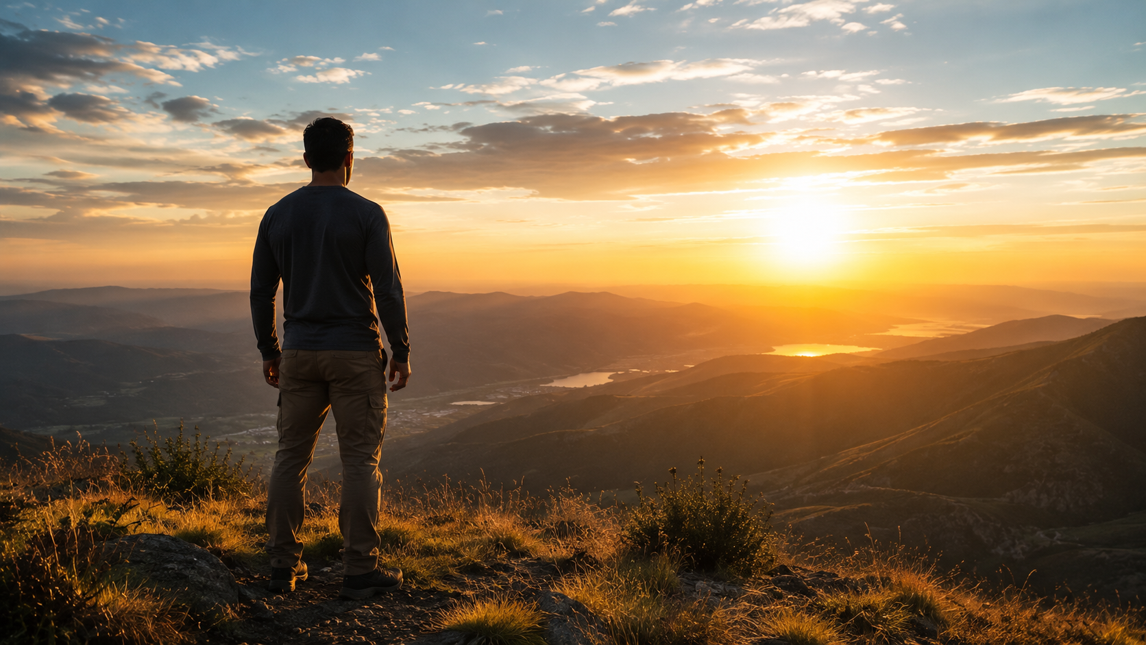 A sunrise landscape with a lone man standing on a hill overlooking a wide horizon, calm posture, hands at sides, sense of peace, strength, and purpose, golden light, expansive sky.
