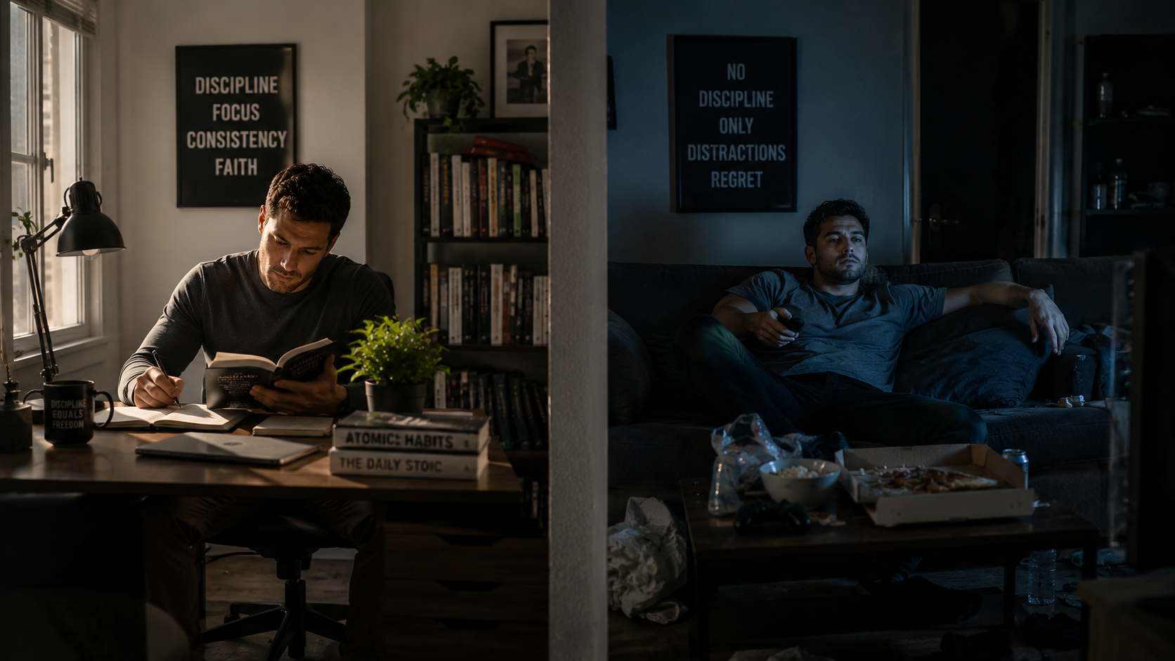 A split-scene image showing two men of the same age at different life paths: one reading and planning in a calm home office, the other slouched on a couch watching television, same starting point but different outcomes.
