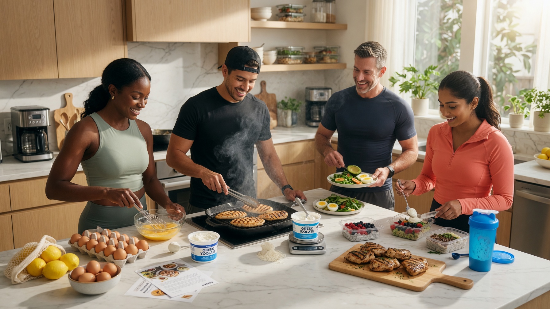 A fit, diverse group of people in their 30s-40s preparing high-protein meals in a bright, modern kitchen. Natural morning light streaming through windows. Fresh eggs, Greek yogurt, grilled chicken, and protein powder visible on counter. A fit, diverse group of people in their 30s-40s preparing high-protein meals in a bright, modern kitchen. Natural morning light streaming through windows. Fresh eggs, Greek yogurt, grilled chicken, and protein powder visible on counter.