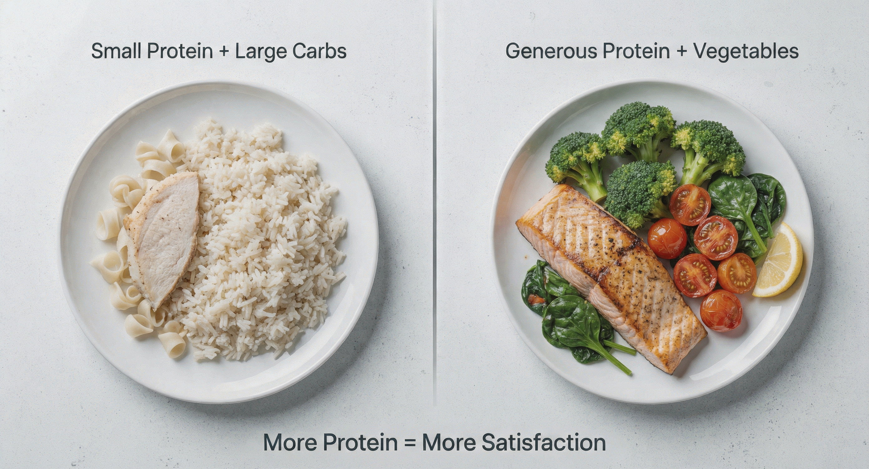 A split-screen comparison showing two plates: left plate has small protein portion with large carb serving, right plate has generous protein portion with vegetables. The right plate looks more satisfying and abundant. A split-screen comparison showing two plates: left plate has small protein portion with large carb serving, right plate has generous protein portion with vegetables. The right plate looks more satisfying and abundant.
