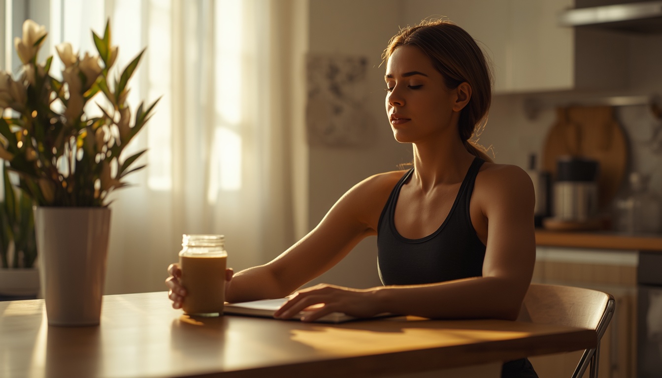 A peaceful morning scene: person sitting at kitchen table with journal, protein smoothie, and sunlight. Calm, meditative atmosphere. A peaceful morning scene: person sitting at kitchen table with journal, protein smoothie, and sunlight. Calm, meditative atmosphere.
