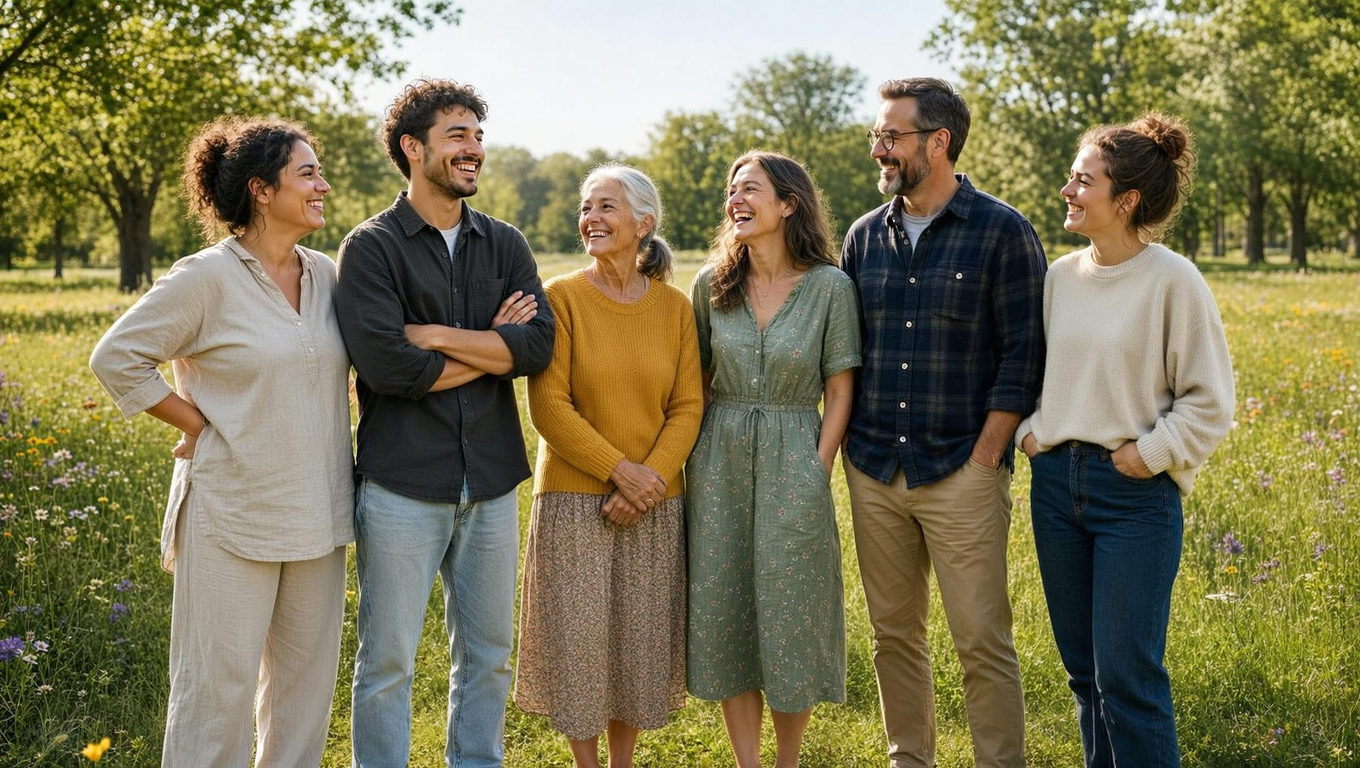 A diverse group of people of different ages and body types all smiling confidently, wearing everyday clothes (not gym wear). Represents sustainable, real-world fat loss success. Natural outdoor setting, authentic joy. A diverse group of people of different ages and body types all smiling confidently, wearing everyday clothes (not gym wear). Represents sustainable, real-world fat loss success. Natural outdoor setting, authentic joy.