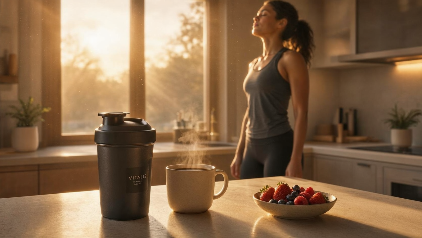 A photorealistic, cinematic wide shot of a clean, modern kitchen counter bathed in warm, golden morning sunlight. In the sharp foreground, a sleek matte protein shaker and a steaming ceramic mug of black coffee sit next to a small, neat bowl of fresh berries. In the softly blurred background, a person in comfortable athletic wear is looking out a large window, taking a deep, mindful breath with calm, focused energy. The lighting is inspiring and uplifting, with soft light rays and dust motes dancing in the air. High-end wellness brand aesthetic, conveying metabolic balance and clean energy. A photorealistic, cinematic wide shot of a clean, modern kitchen counter bathed in warm, golden morning sunlight. In the sharp foreground, a sleek matte protein shaker and a steaming ceramic mug of black coffee sit next to a small, neat bowl of fresh berries. In the softly blurred background, a person in comfortable athletic wear is looking out a large window, taking a deep, mindful breath with calm, focused energy. The lighting is inspiring and uplifting, with soft light rays and dust motes dancing in the air. High-end wellness brand aesthetic, conveying metabolic balance and clean energy.