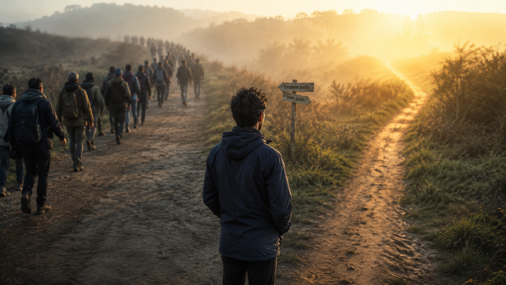 A person standing at a crossroads in misty morning light. One path is crowded with people walking in single file, well-worn and obvious. The other path is a narrow dirt trail leading into golden sunlight