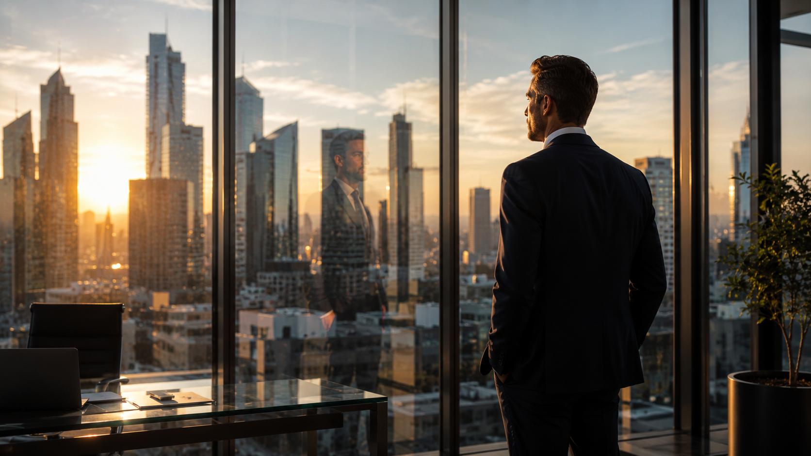 A modern executive in a sleek office, looking out floor-to-ceiling windows at a city skyline during golden hour. Reflection shows determination and vision. 
