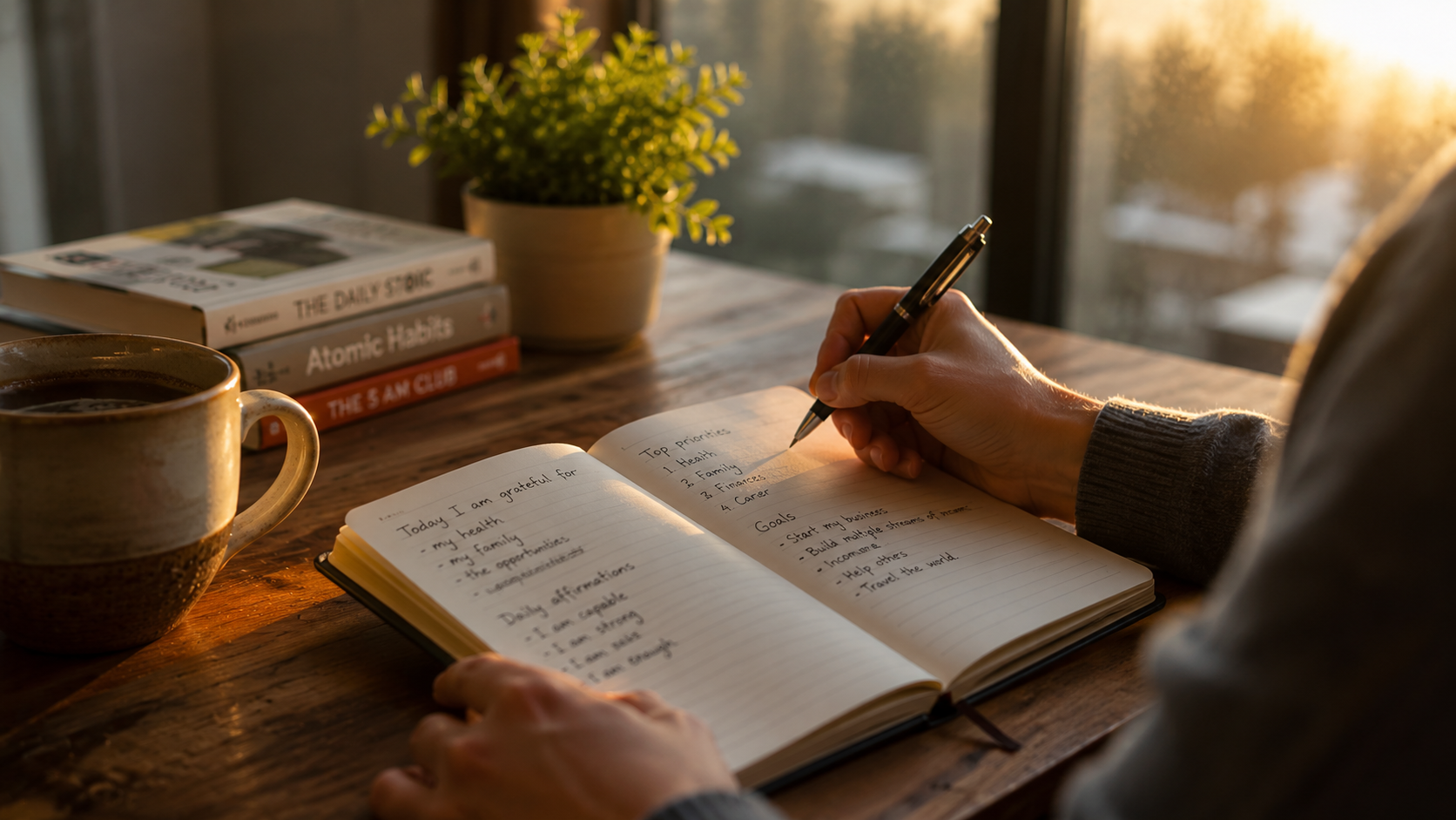 A person's hands holding a journal and pen at a wooden desk, early morning light streaming through a window. Coffee cup nearby. Scene conveys quiet determination and planning.