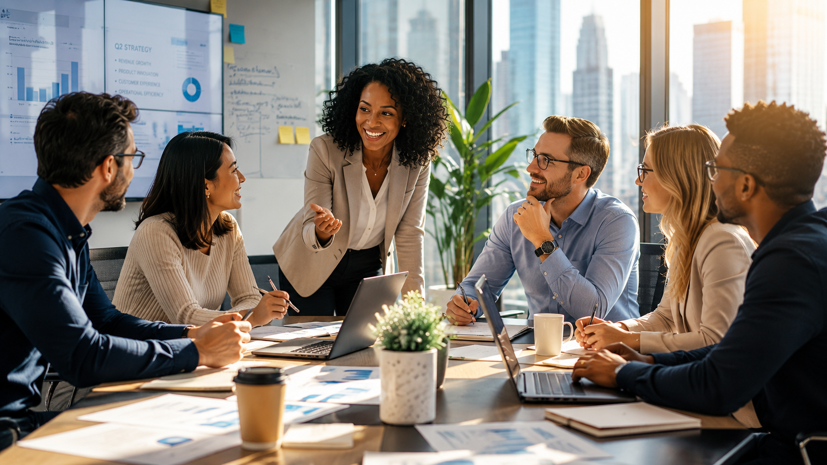 A diverse group of high-performers in a modern conference room, engaged in dynamic discussion. Natural light, collaborative energy, professional setting. People leaning in, gesturing, fully engaged. Contemporary business photography, authentic moment, sense of breakthrough and connection.