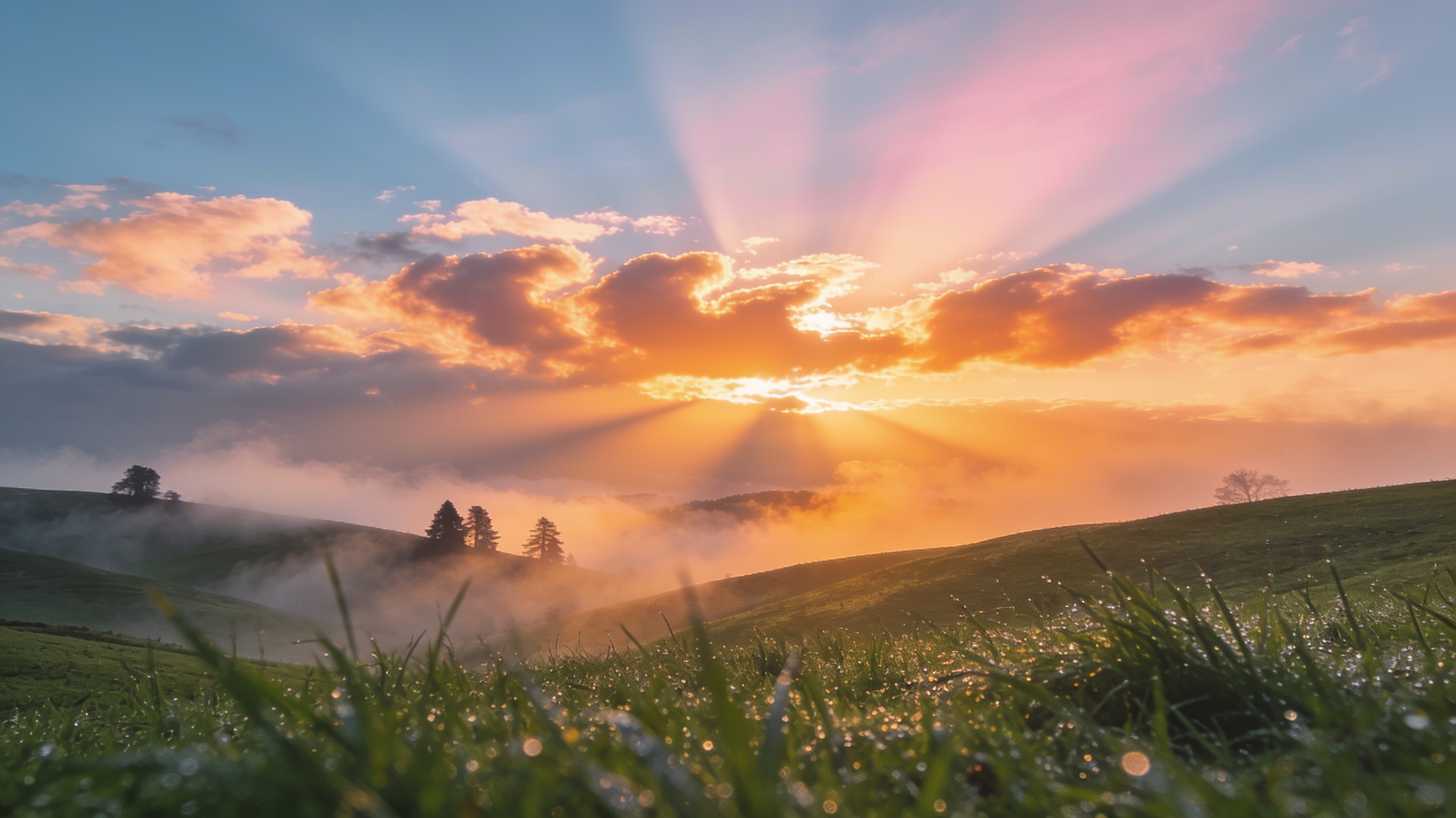 A sunrise over a peaceful landscape, mist rising from fields, golden light breaking through clouds. Symbolizes new beginnings and possibility. 