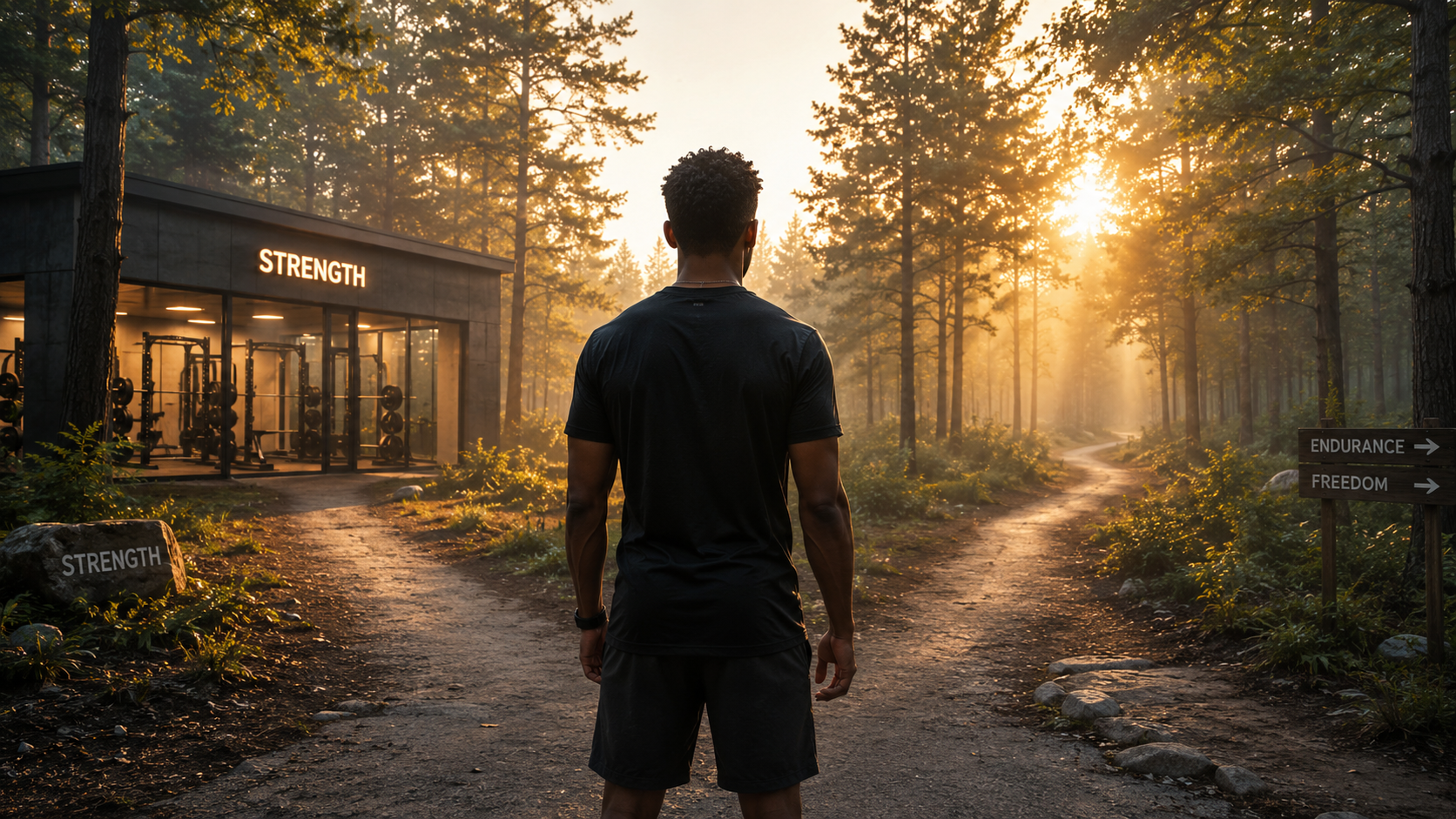 A diverse athlete at dawn, standing at a crossroads path in a misty forest, one path leading to a gym with weights visible, another path leading to a running trail, golden sunrise light breaking through trees, symbolizing the choice between different fitness paths.