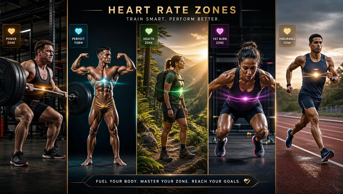 Photorealistic split-screen composition showing five different athletes in their element: a powerlifter at a barbell, a bodybuilder posing, a person hiking in nature for health, someone doing HIIT for fat loss, and a runner on a track, all in their optimal heart rate zones shown by subtle glowing pulse effects.