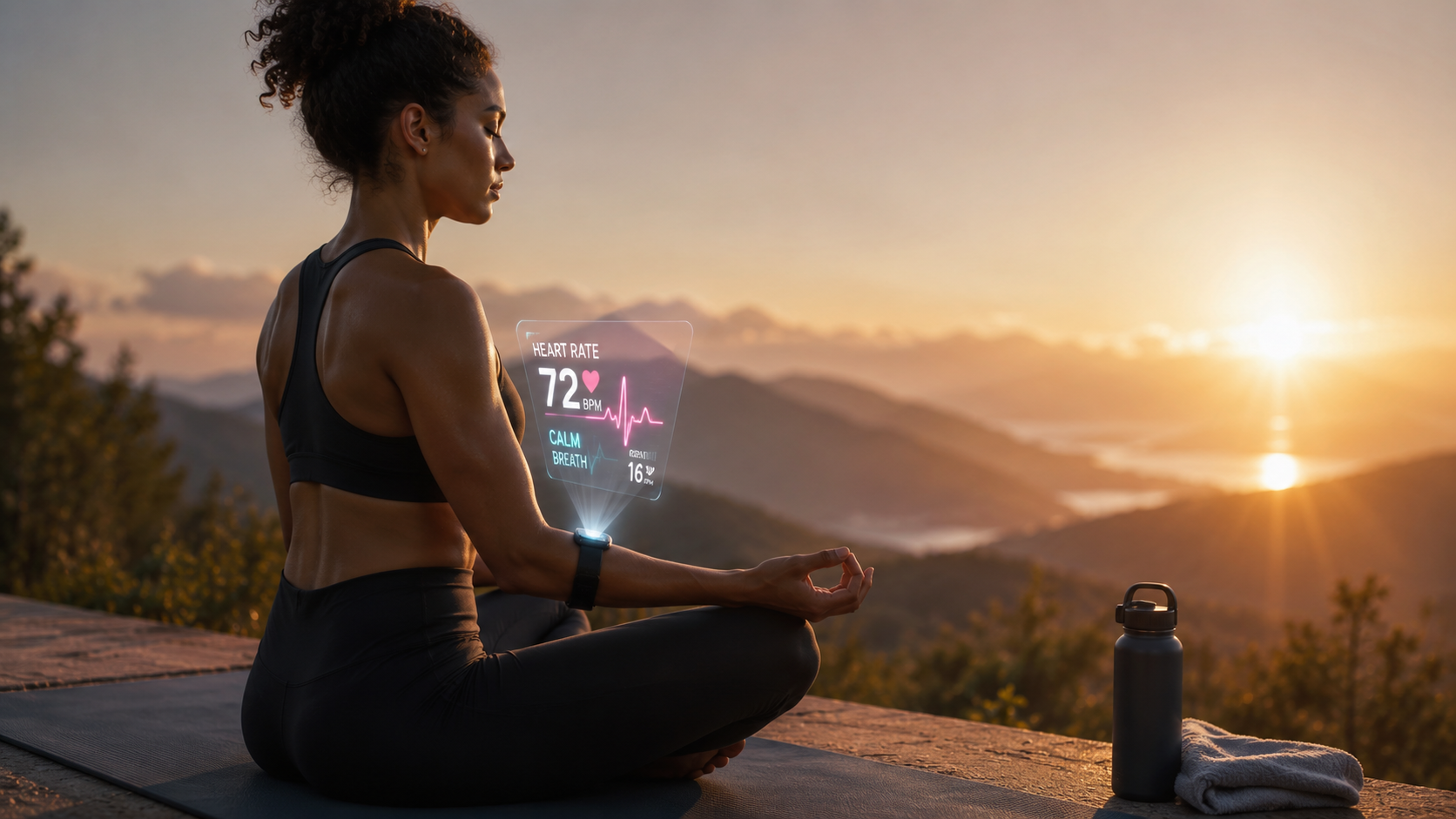 A person in meditation pose at sunrise on a yoga mat, with a fitness tracker on their wrist showing heart rate data as a holographic projection, blending consciousness and science.