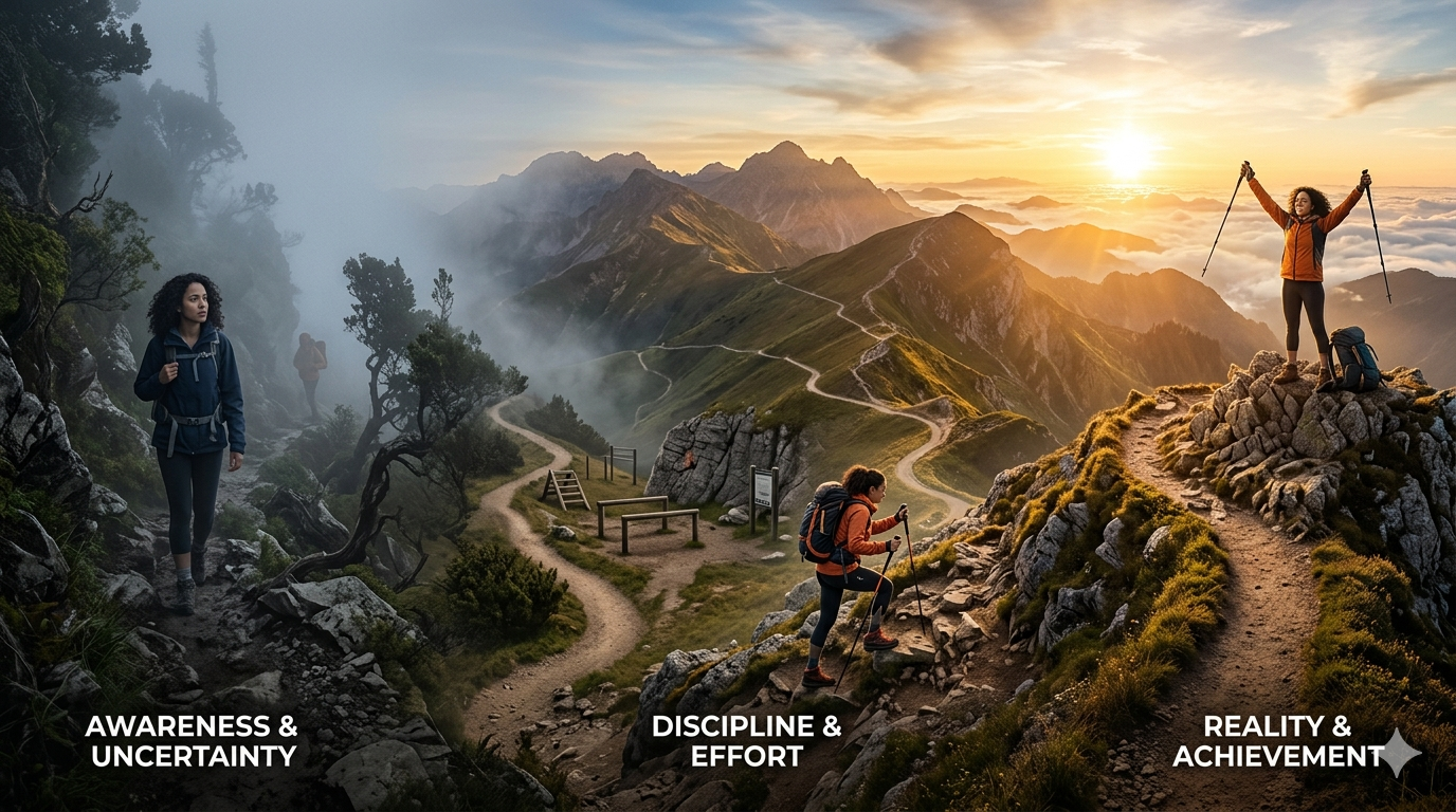 Photorealistic image of a person's journey transformation shown as a winding path through different landscapes: starting in foggy uncertainty, moving through disciplined training scenes, ending at a mountaintop vista at sunrise, representing the journey from awareness to reality.