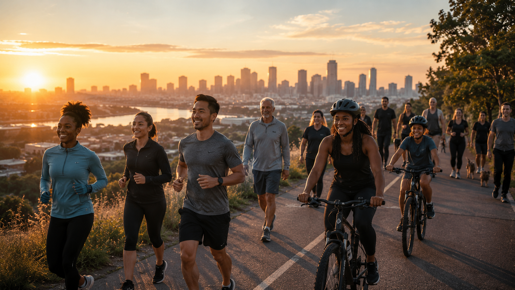 A diverse community of people moving together at sunrise—some walking, some jogging, some cycling—on a scenic path overlooking a city skyline, representing collective transformation and intentional movement!