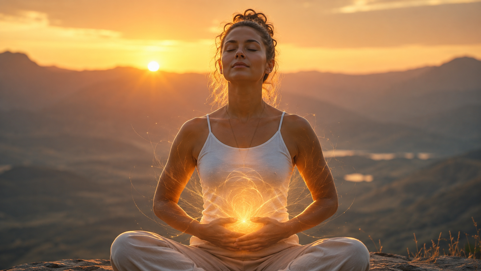 A person in peaceful meditation pose at sunrise, soft golden light illuminating their face, eyes closed with serene expression, hands resting gently on their solar plexus area, ethereal soft energy glow visible around their torso showing the connection between mind and body.