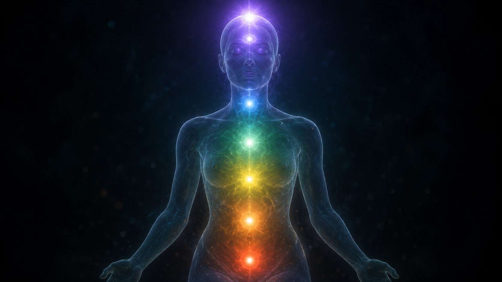 Photorealistic conceptual image representing the body's energy centers. A semi-transparent, elegant silhouette of a human torso and head against a soft, dark, minimalist background. Along the central axis of the the body, six distinct, softly glowing points of light are visible in a vertical line: a deep rooted glow at the base, warm orange at the navel, bright golden yellow at the solar plexus, soft emerald green at the heart, clear blue at the throat, and a radiant violet-white light at the crown of the head. Ethereal, bioluminescent aesthetic.