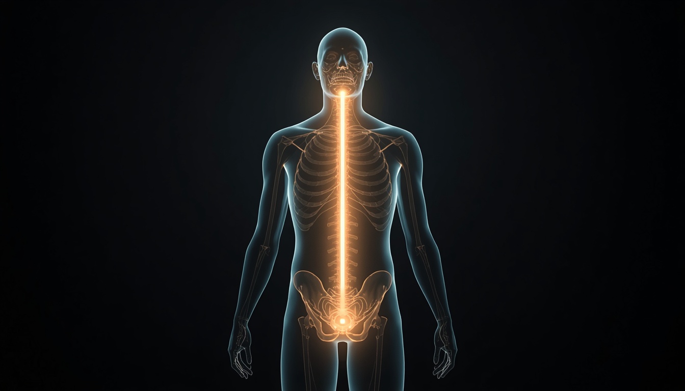 Photorealistic conceptual image of a glowing, translucent human silhouette showing a bright, clear vertical line of light running straight up and down the central channel of the body from head to pelvis, representing the flow of energy and breath, dark minimalist background.