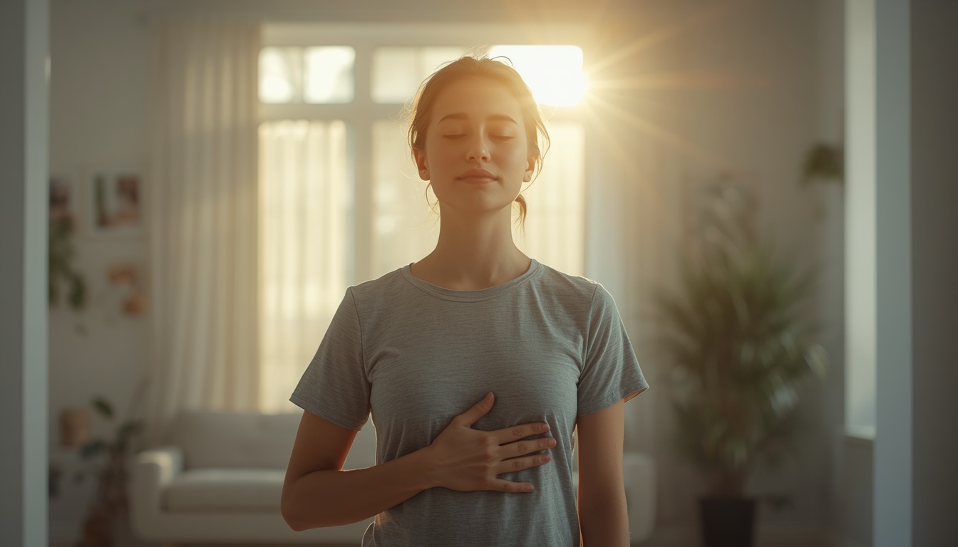 Photorealistic image of a person in a modern, clean home environment, early morning light streaming through windows, standing calmly with eyes closed, one hand placed firmly on their stomach, taking a deep intentional breath, peaceful expression, representing the 5-minute morning embodiment practice