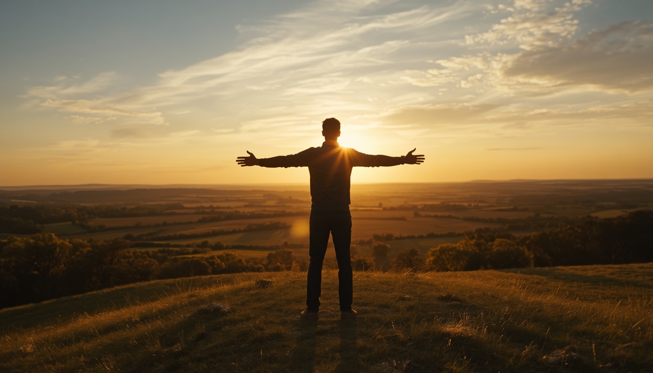 Photorealistic wide shot of a person standing confidently on a hill at sunrise, looking out at a vast landscape, arms relaxed at their sides, posture open and grounded, golden hour lighting, conveying a sense of sovereignty, presence, and awakened power!