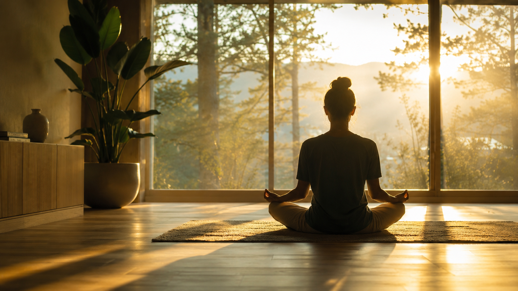 Cinematic morning light streaming through a large window into a minimalist, modern room. A silhouette of a person sitting peacefully in a meditation posture, bathed in golden hour sunlight. Dust motes dancing in the light beams