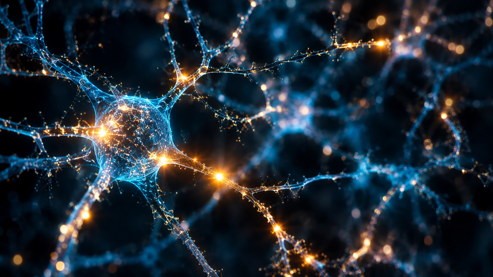 An abstract macro photography of glowing neural pathways and synapses in the human brain, illuminated in vibrant blues and golds against a dark background. The neural connections are actively firing and forming new bridges, symbolizing neuroplasticity and rewiring the brain.
