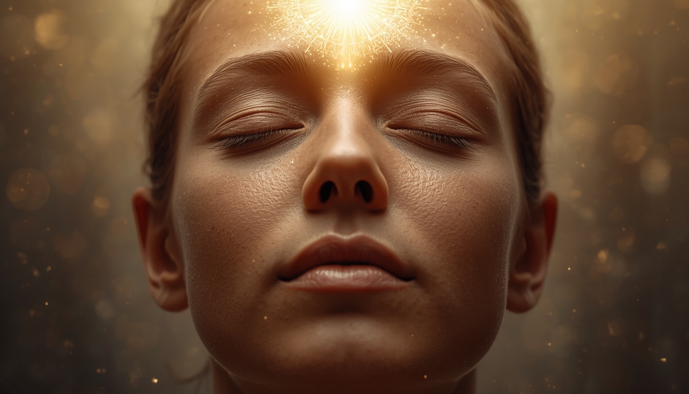 A close-up of a person's face with eyes closed in deep meditation, expression of profound peace and relief. A subtle, ethereal, glowing energy field (soft gold and white light) surrounds their head and heart area, representing the activation of the body's internal pharmacy and coherence. 