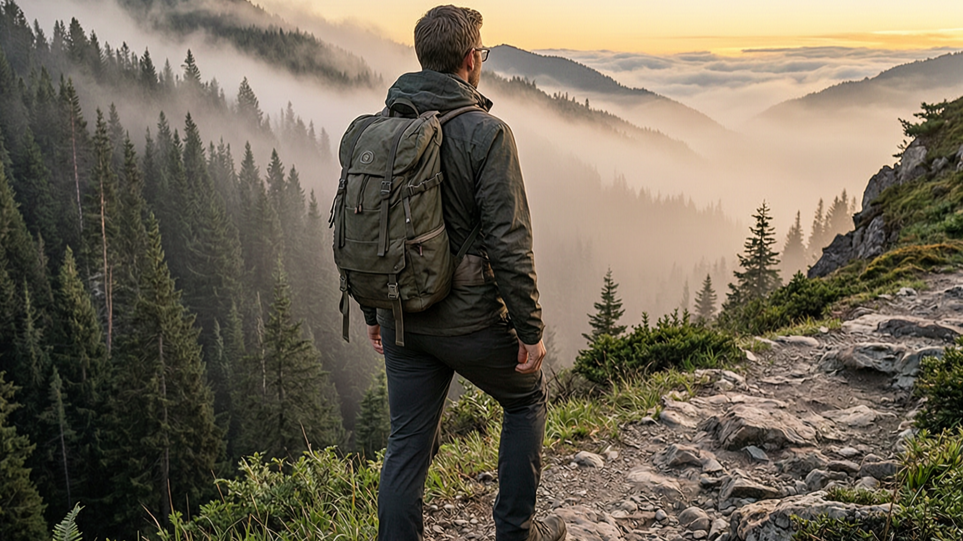 A person standing at the edge of a beautiful, misty mountain trail at dawn, looking out toward a bright, clear horizon. They are taking a confident, grounded step forward. 