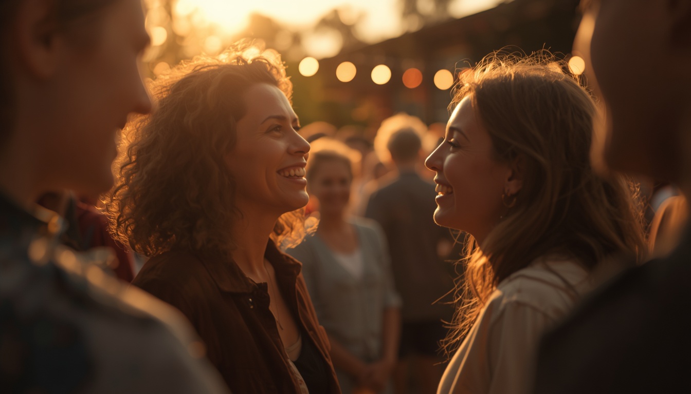 A warm, inviting community gathering in a beautiful outdoor space during golden hour. People are smiling, connecting, and sharing a moment of genuine joy and synchronicity. Soft, warm lighting, shallow depth of field focusing on two people making eye contact and smiling, conveying love in action, conscious community, and human connection.