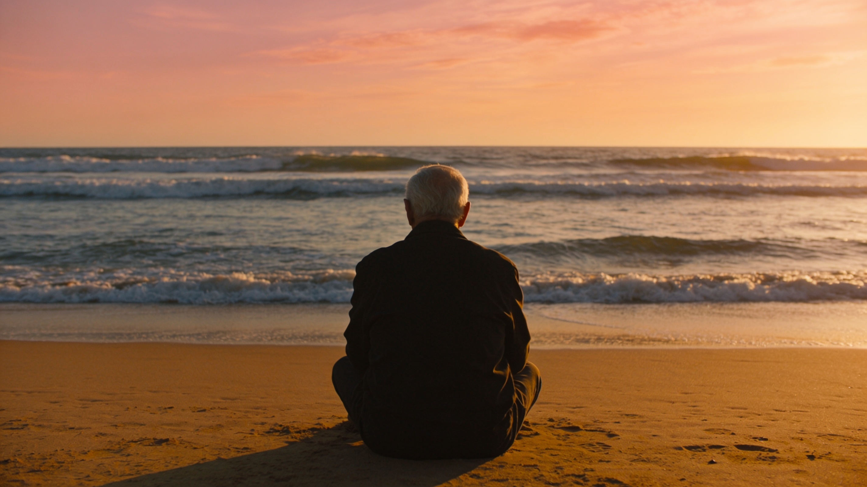An image of a man in his late 80s sitting peacefully on a beach at sunrise, silhouetted against soft orange and pink sky, watching waves, sense of profound peace and presence, cinematic lighting, wide angle shot showing vastness of ocean An image of a man in his late 80s sitting peacefully on a beach at sunrise, silhouetted against soft orange and pink sky, watching waves, sense of profound peace and presence, cinematic lighting, wide angle shot showing vastness of ocean