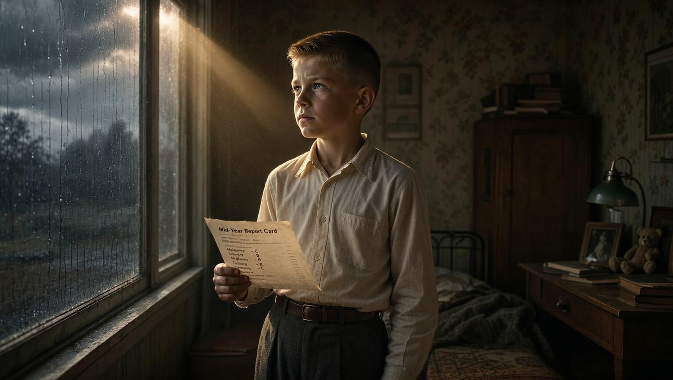 Cinematic, photorealistic shot of a young teenage boy in 1950s vintage clothing, standing by a rain-streaked window in a dimly lit, modest room. He is holding a piece of paper (a school report), but his eyes are looking out into the distance with intense, quiet determination and a sudden spark of realization. Dramatic chiaroscuro lighting, a single warm golden ray of sunlight breaking through the clouds and illuminating his face, symbolizing a sudden mental awakening and a shift in mindset. Shallow depth of field, highly detailed facial expression showing resilience, moody but hopeful atmosphere. Cinematic, photorealistic shot of a young teenage boy in 1950s vintage clothing, standing by a rain-streaked window in a dimly lit, modest room. He is holding a piece of paper (a school report), but his eyes are looking out into the distance with intense, quiet determination and a sudden spark of realization. Dramatic chiaroscuro lighting, a single warm golden ray of sunlight breaking through the clouds and illuminating his face, symbolizing a sudden mental awakening and a shift in mindset. Shallow depth of field, highly detailed facial expression showing resilience, moody but hopeful atmosphere.