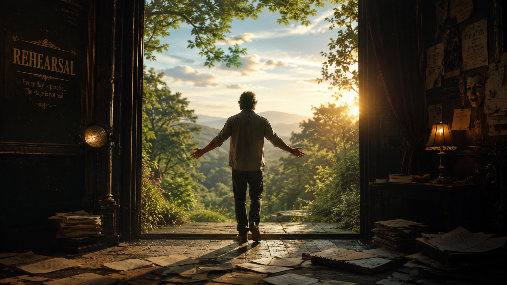 Cinematic photorealistic shot from behind a person stepping out of a dark, shadowy vintage theater backstage into a breathtaking, sun-drenched morning landscape. Inside the doorway is dim and dusty, with old scripts and papers scattered on the floor. Outside is vibrantly alive, with lush greenery, bright golden hour sunlight, and a clear blue sky. The person is taking a deep breath, arms slightly open, embracing the present moment. High contrast between the dark interior of 'rehearsal' and the vibrant light of 'living'. Cinematic photorealistic shot from behind a person stepping out of a dark, shadowy vintage theater backstage into a breathtaking, sun-drenched morning landscape. Inside the doorway is dim and dusty, with old scripts and papers scattered on the floor. Outside is vibrantly alive, with lush greenery, bright golden hour sunlight, and a clear blue sky. The person is taking a deep breath, arms slightly open, embracing the present moment. High contrast between the dark interior of 'rehearsal' and the vibrant light of 'living'.