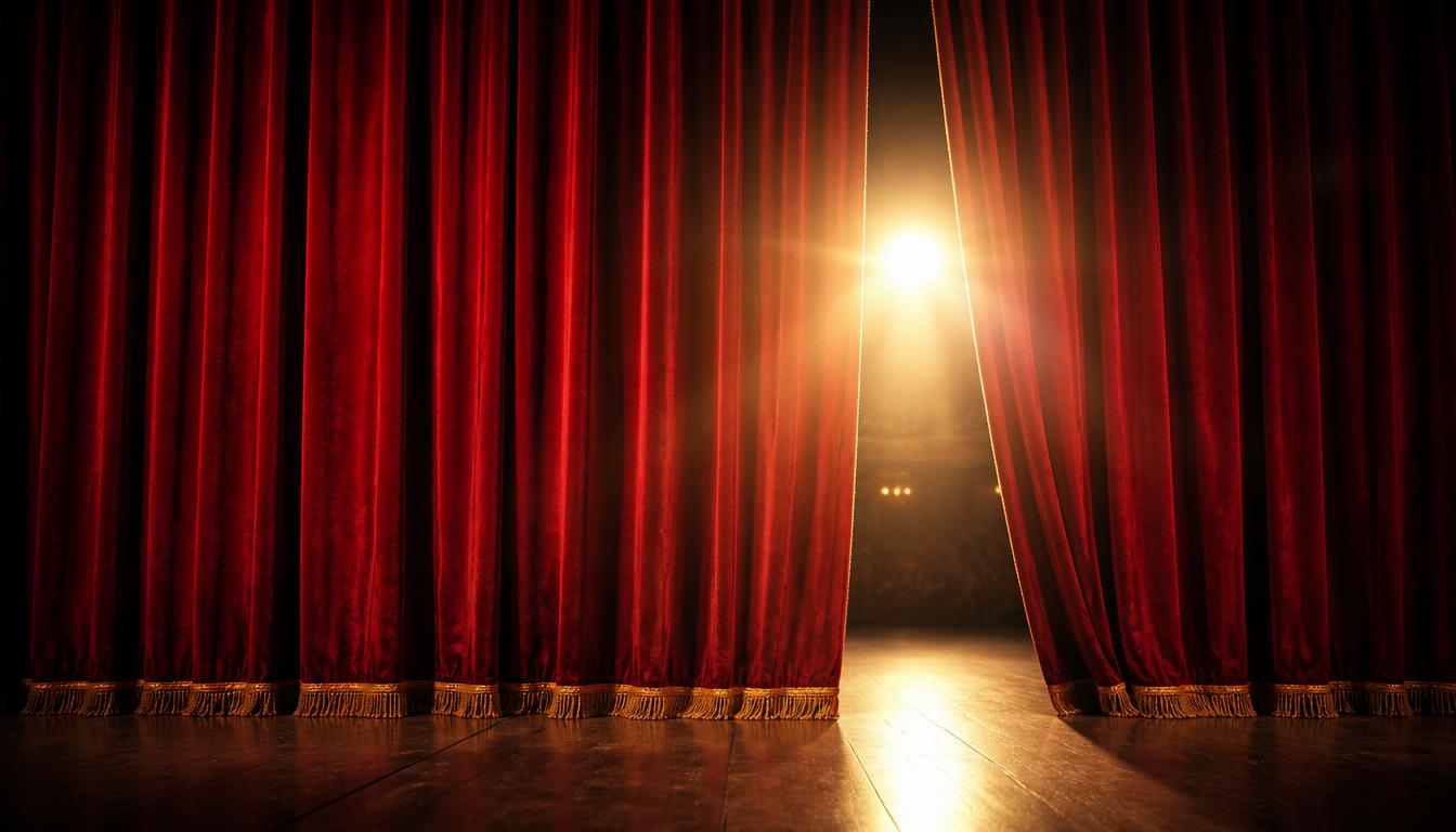 Photorealistic image of a vintage theater curtain in deep red velvet, partially open revealing bright stage light behind, dramatic cinematic lighting, sense of anticipation and 'life is in session' Photorealistic image of a vintage theater curtain in deep red velvet, partially open revealing bright stage light behind, dramatic cinematic lighting, sense of anticipation and 'life is in session'