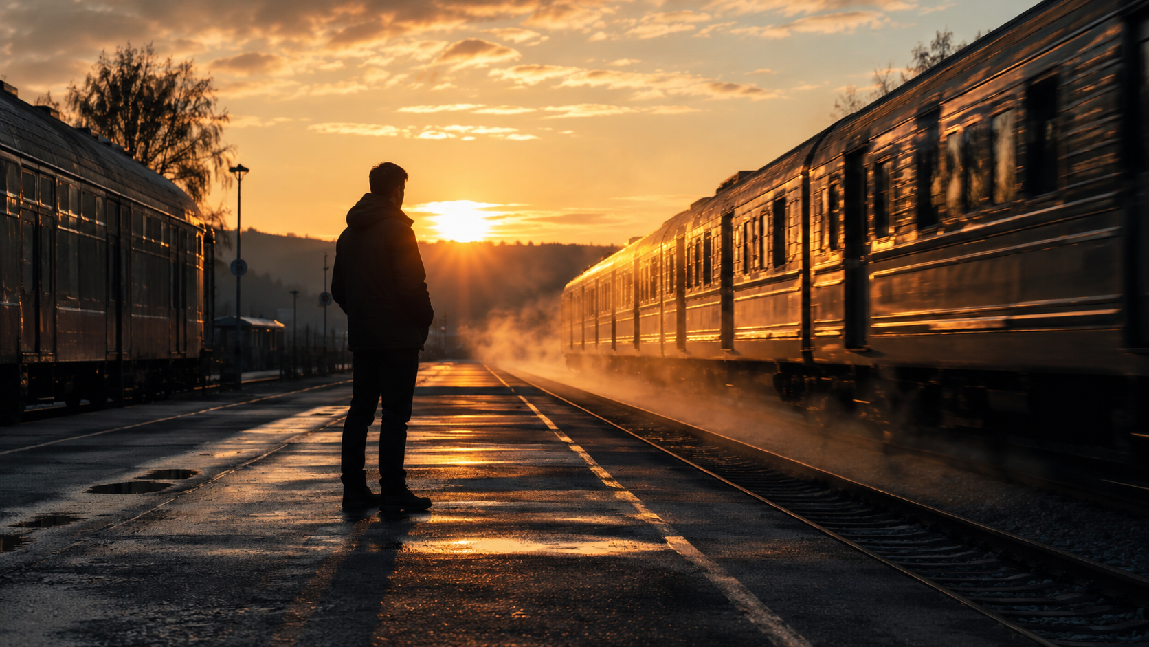 Photorealistic wide shot of a person standing on a train platform at dawn, looking at two trains—one stationary, one beginning to move. Golden hour lighting, misty atmosphere. The person is in silhouette, contemplative pose. Symbolizes seeing systems from the outside.