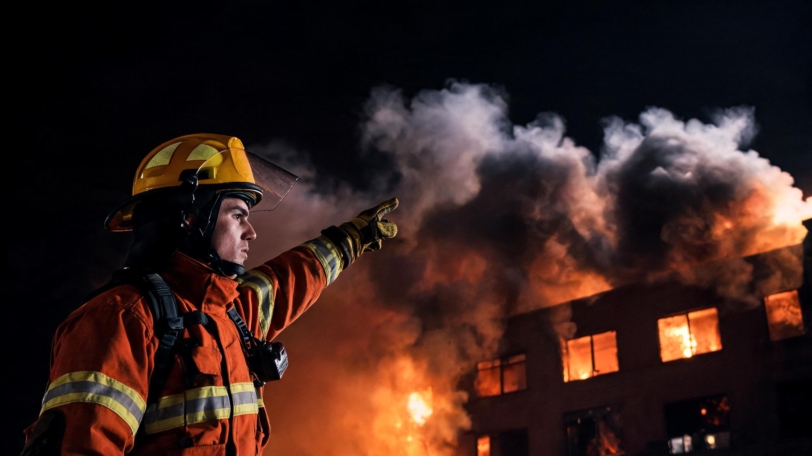 Photorealistic image of a firefighter in full gear examining smoke patterns outside a building at night. Dramatic lighting from the fire illuminating thick black and white smoke. The firefighter is pointing, analyzing, in a moment of strategic observation. Symbolizes seeing what others cannot. 