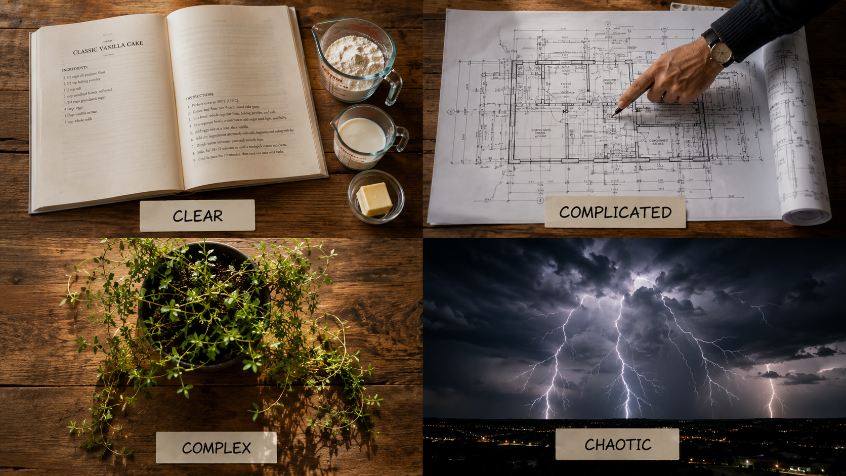 Photorealistic conceptual image showing four distinct quadrants on a wooden table: 1) A precise recipe book with measuring cups (Clear), 2) A complex architectural blueprint with an expert pointing (Complicated), 3) A growing plant with unpredictable branches (Complex), 4) A storm with lightning and chaos (Chaotic). 