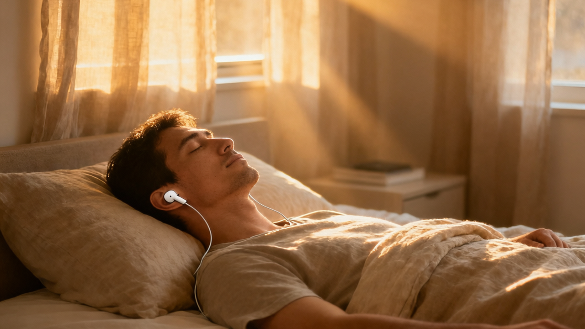 A person sitting peacefully laying bed in early morning light, eyes closed, earbuds in. Soft golden sunrise streaming through windows.