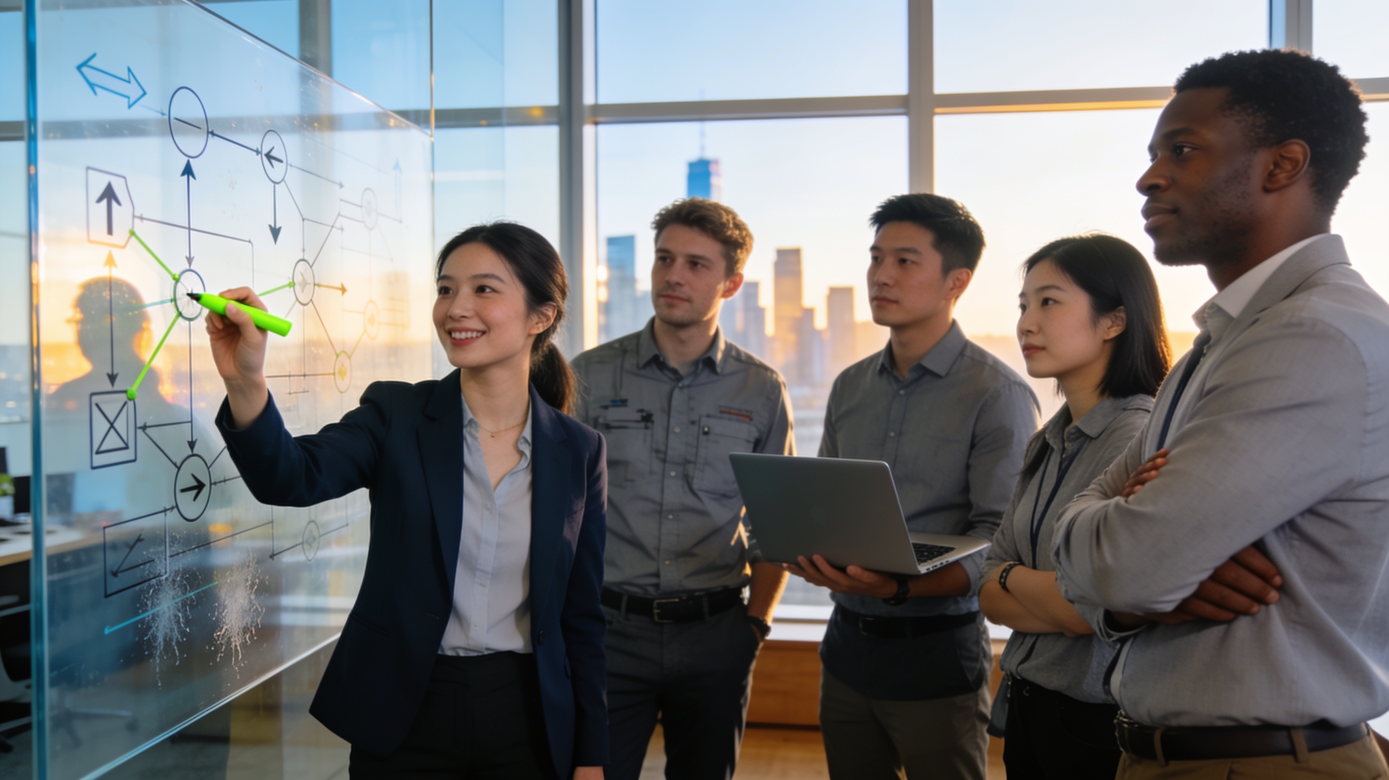 Photorealistic image of a diverse group of professionals in a modern office, gathered around a glass whiteboard covered in system diagrams, arrows, and patterns. One person is drawing connections while others observe thoughtfully. Natural daylight, collaborative energy, expressions of breakthrough and understanding. Symbolizes collective systems thinking. 