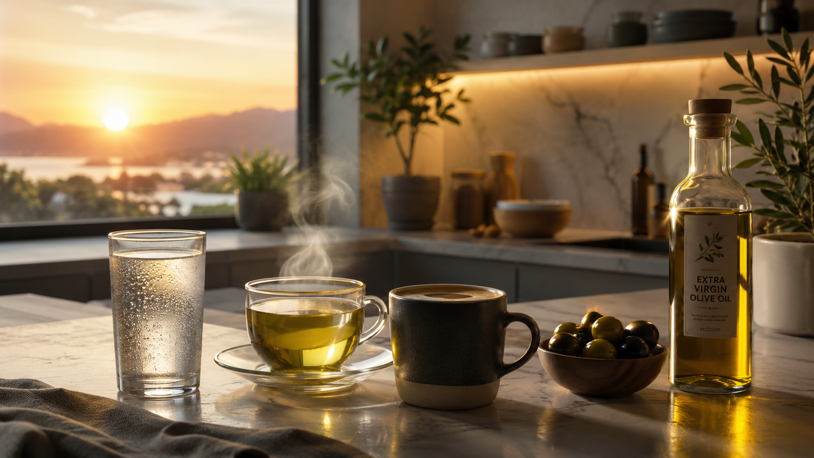 A sunrise wellness scene in a modern kitchen, glass of cold water with condensation, steaming green tea, black coffee, small bowl of olives, bottle of olive oil, soft golden dawn light through window. A sunrise wellness scene in a modern kitchen, glass of cold water with condensation, steaming green tea, black coffee, small bowl of olives, bottle of olive oil, soft golden dawn light through window.