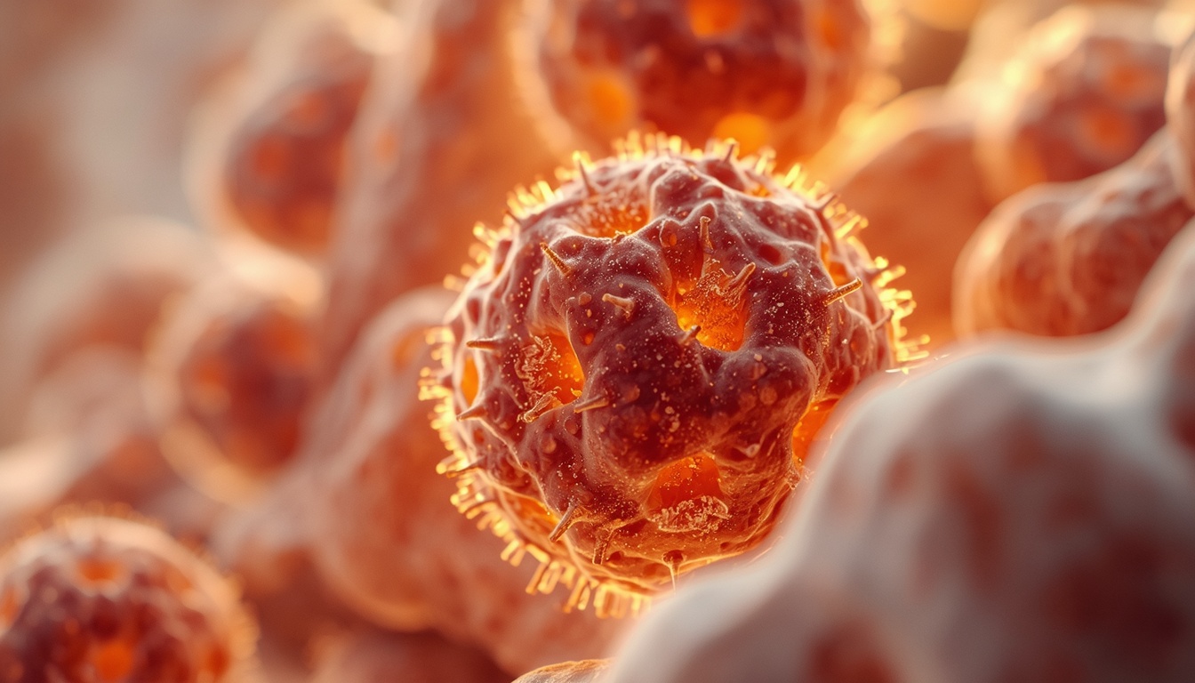 Glowing warm orange and brown cellular structure representing brown fat acting like a biological space heater, contrasted with cool white fat cells, scientific yet artistic, macro photography, vibrant and educational. Glowing warm orange and brown cellular structure representing brown fat acting like a biological space heater, contrasted with cool white fat cells, scientific yet artistic, macro photography, vibrant and educational.