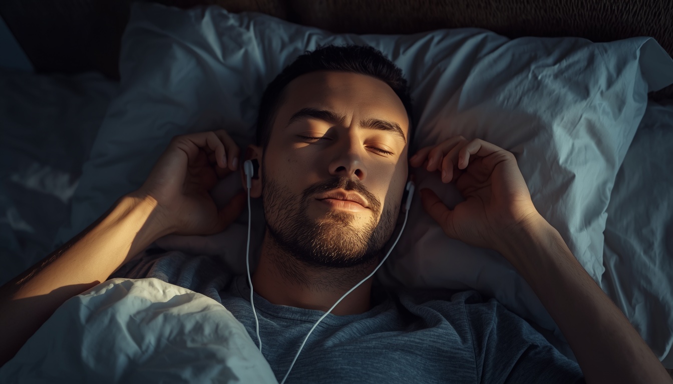 Photorealistic, a man waking up peacefully in bed, soft golden morning light illuminating their face as they put earbuds in, representing the theta state morning routine and mental programming Photorealistic, a man waking up peacefully in bed, soft golden morning light illuminating their face as they put earbuds in, representing the theta state morning routine and mental programming