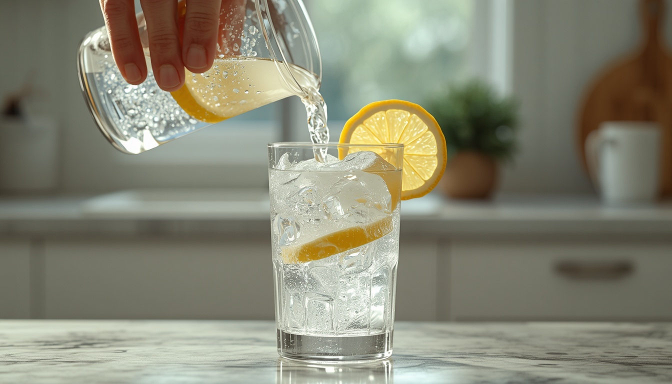 A person pouring a glass of ice water with a slice of lemon, condensation on the glass, bright and refreshing morning kitchen background, symbolizing hydration, metabolism boost, and fresh starts. A person pouring a glass of ice water with a slice of lemon, condensation on the glass, bright and refreshing morning kitchen background, symbolizing hydration, metabolism boost, and fresh starts.