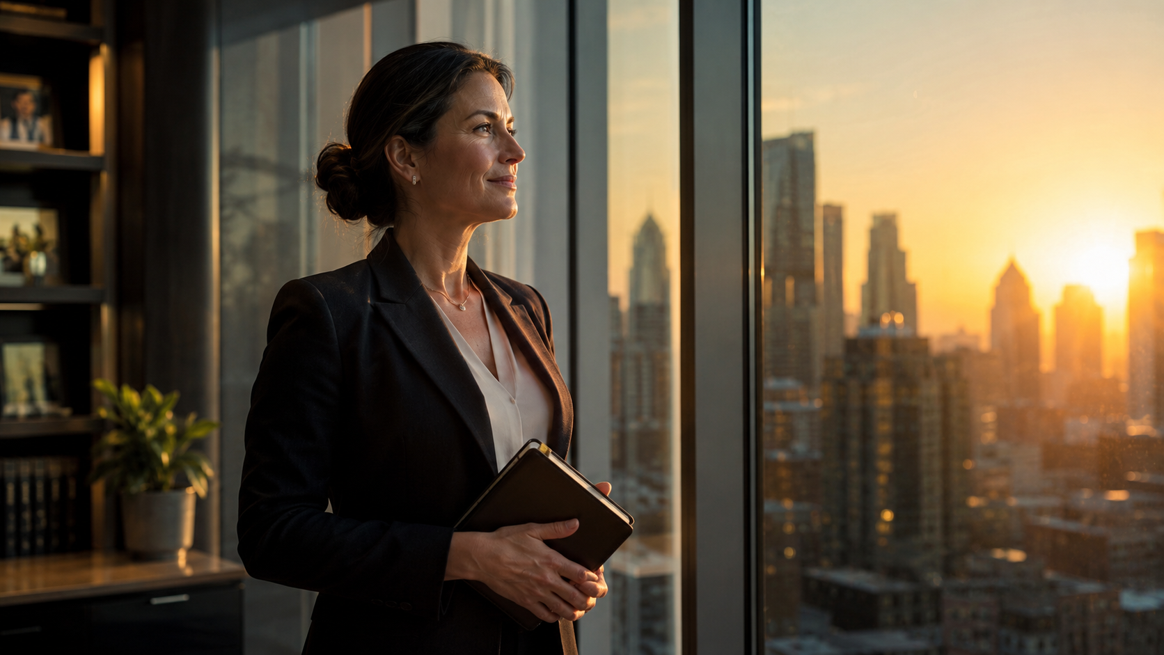 Professional woman in her 40s standing confidently at a large window in a modern office at sunrise, looking out at a city skyline, holding a notebook, warm golden hour lighting Professional woman in her 40s standing confidently at a large window in a modern office at sunrise, looking out at a city skyline, holding a notebook, warm golden hour lighting