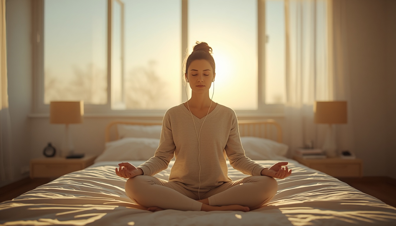 Peaceful woman in her 30s meditating in a bright, modern bedroom at dawn, sitting cross-legged on bed, soft morning light streaming through windows, calm and centered expression Peaceful woman in her 30s meditating in a bright, modern bedroom at dawn, sitting cross-legged on bed, soft morning light streaming through windows, calm and centered expression